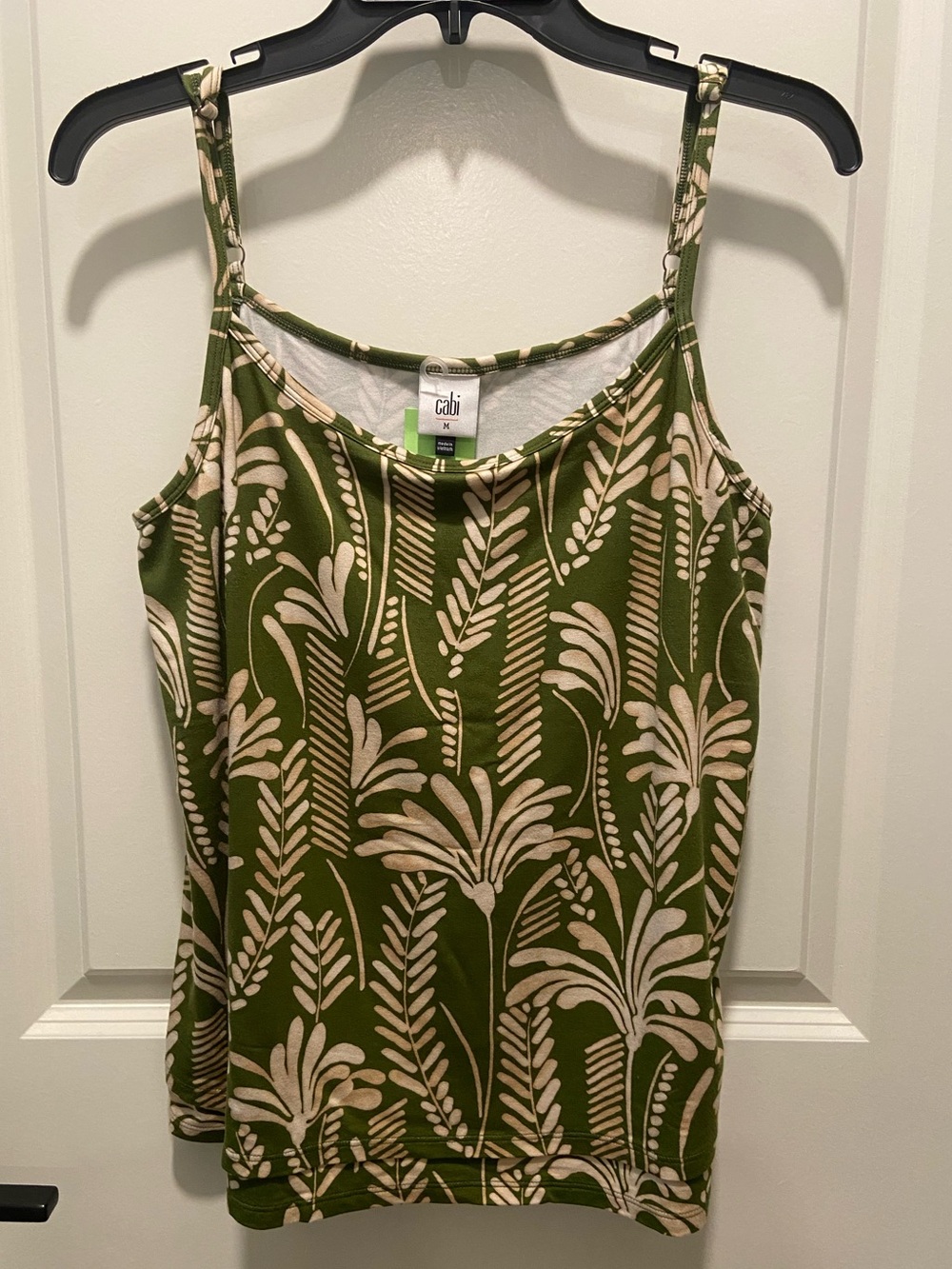 CAbi Olive Green Botanical Print Tank with Cream Motif